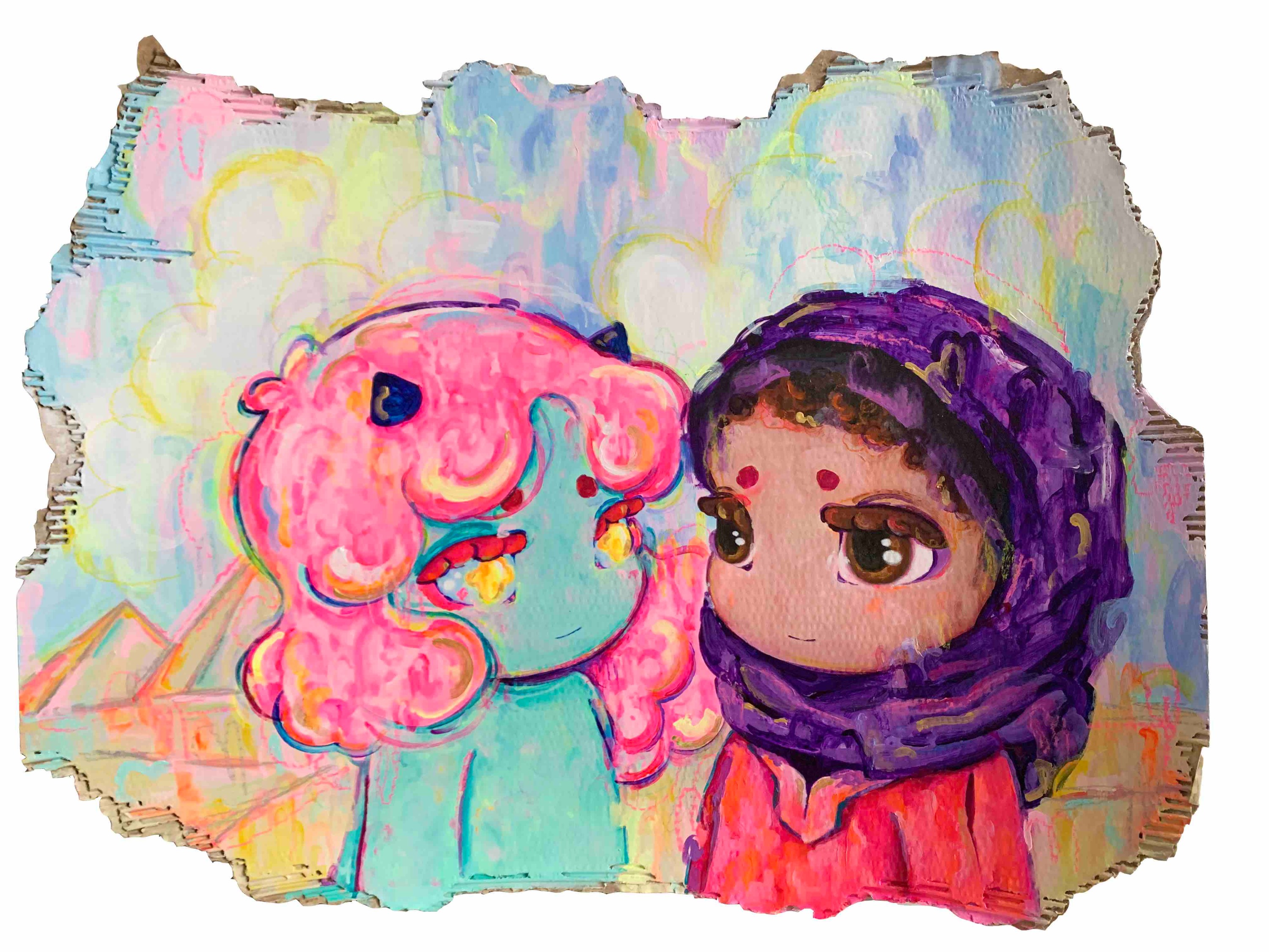 Okokume, Giza, 2021, Acrylics and oil pastels on cardboard, 79.5 x 100 cm