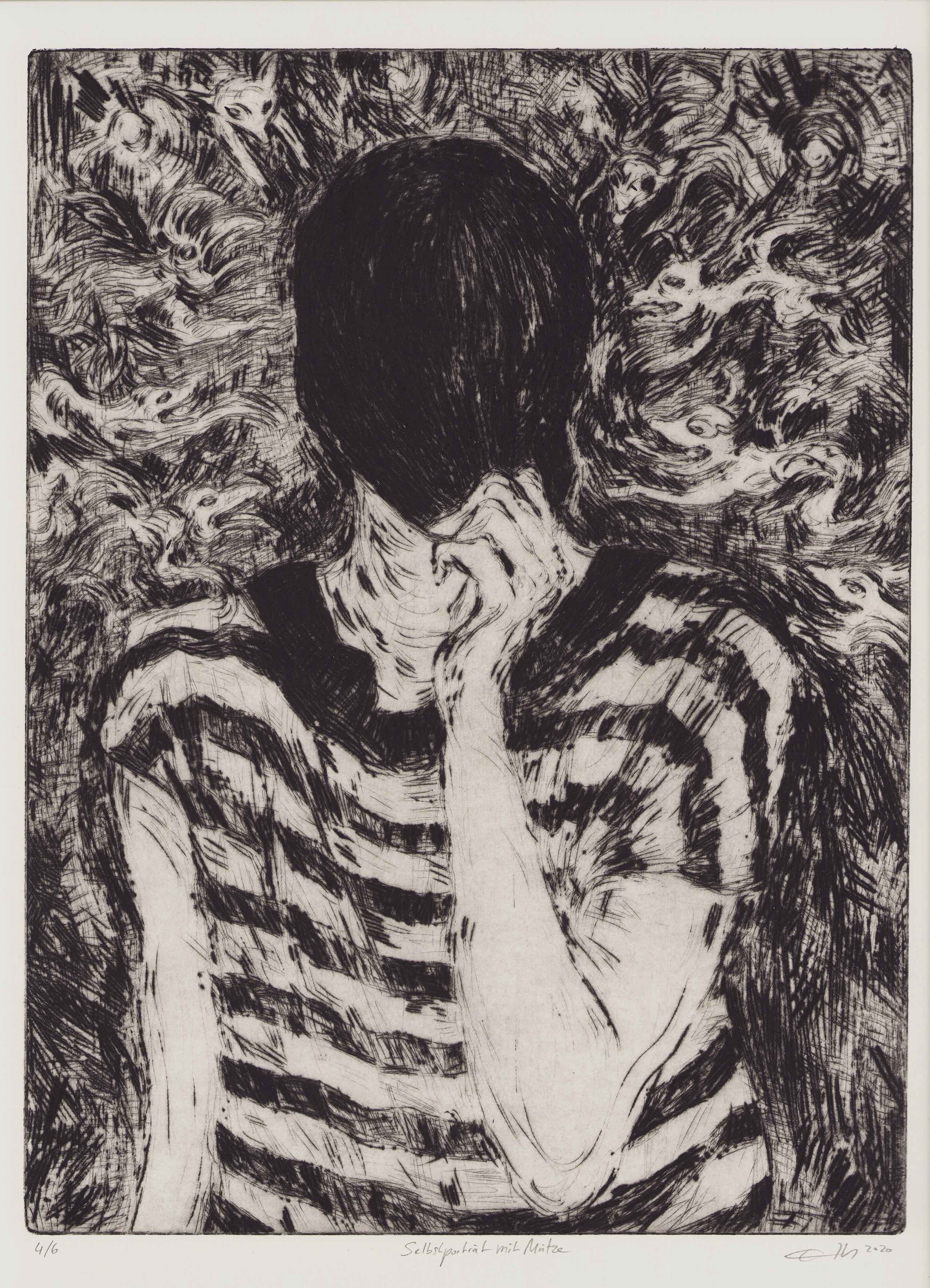 Ulrike Theusner_SelbstpOrträt mit Mütze_Dry Point Etching_Image 38.5 x 28.8 cm_Sheet 42 x 33 cm_2020_ed.e.a