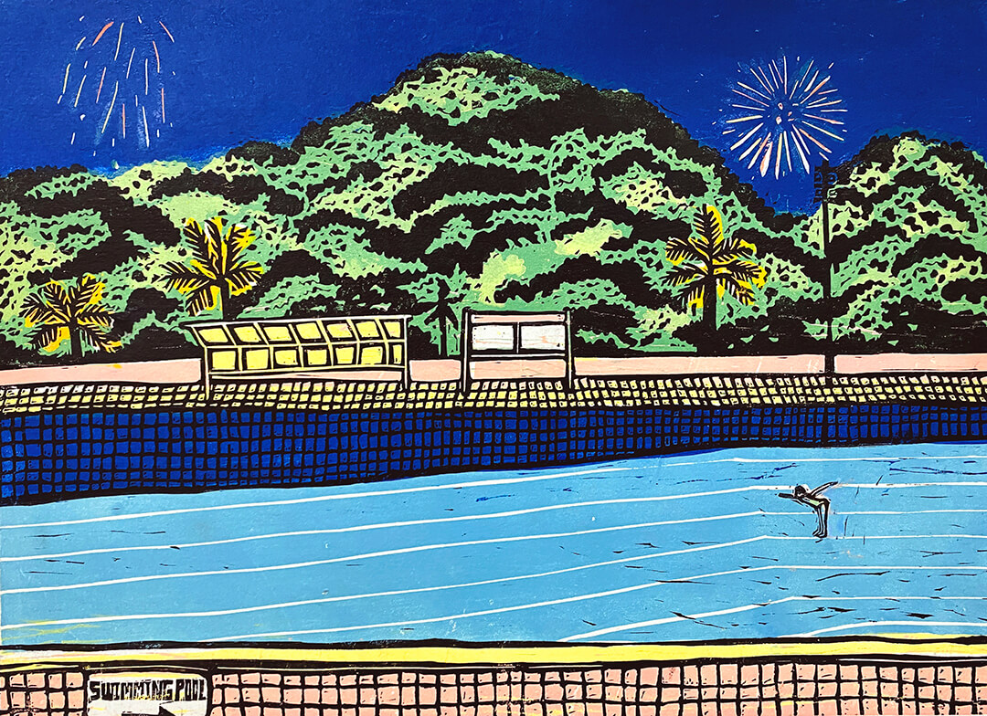 Fireworks-Over-The-Swimming-Pool_linocut_29.7-x-42cm_2-editions_2022_karinwebergallery_web (1)