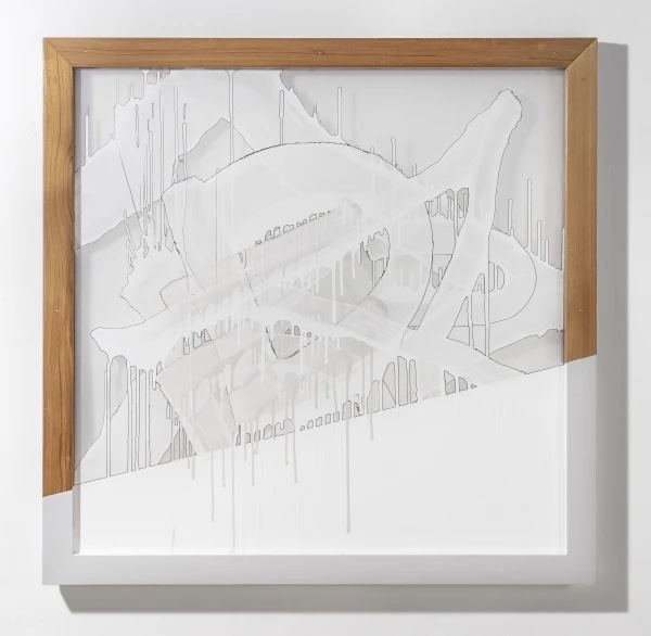 Park Yoon-Kyung, ACDDEEI (dead ice), Acrylic, painting marker on chiffon, wooden frame, hinge, 130.3 x 130.3 cm
