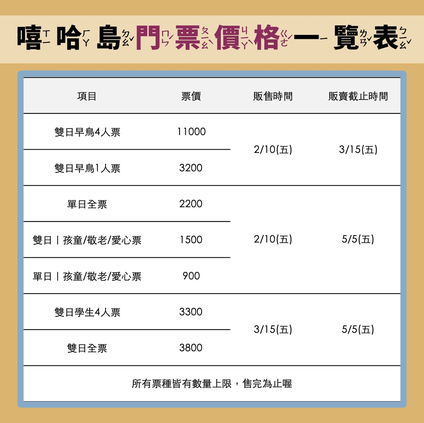 门票价格表