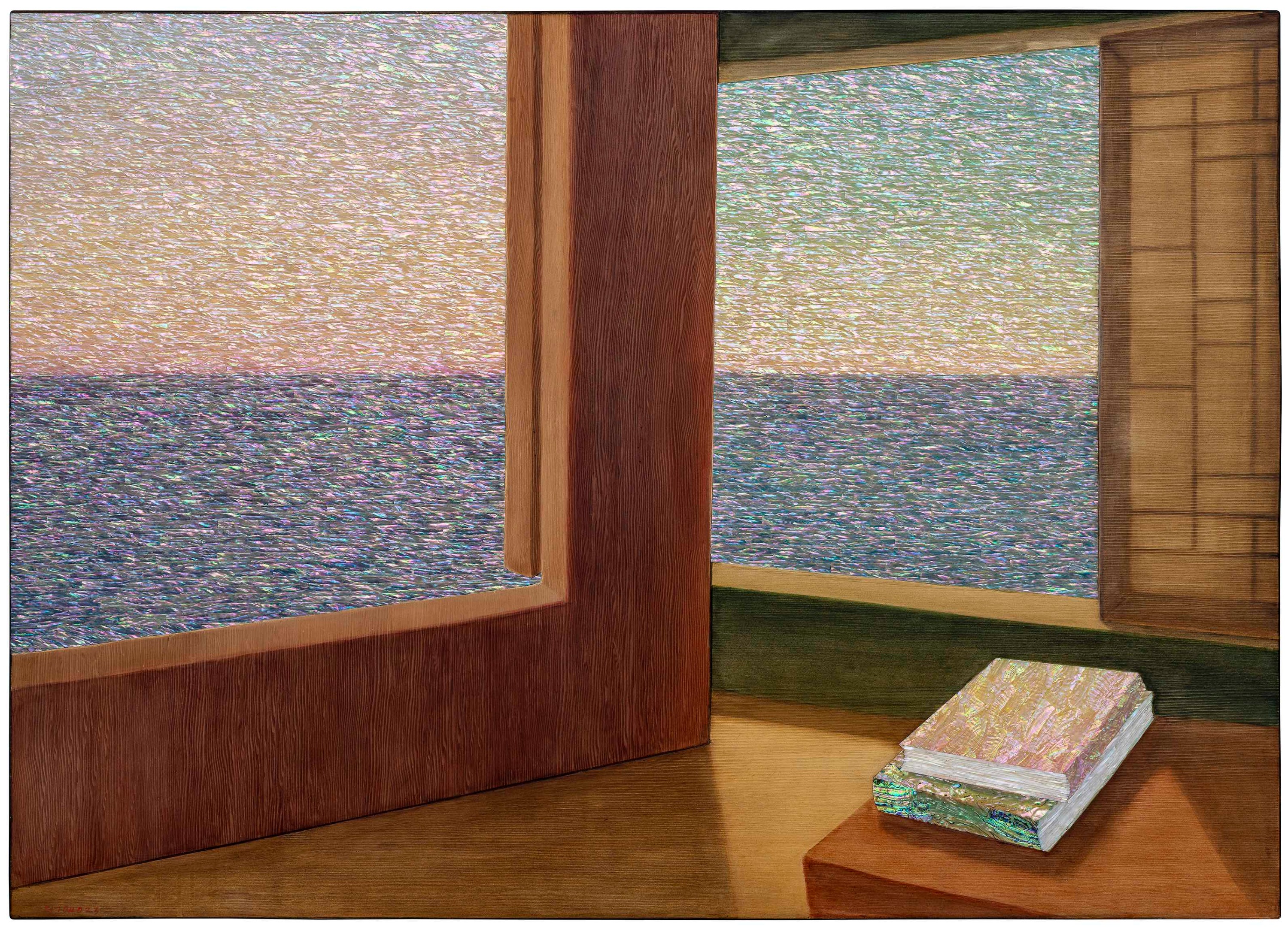 Kim Duck-Yong, Borrowed Scenery_Time & Space, 2023, Mother of pearl, mixed media on wood, 100 × 140 cm