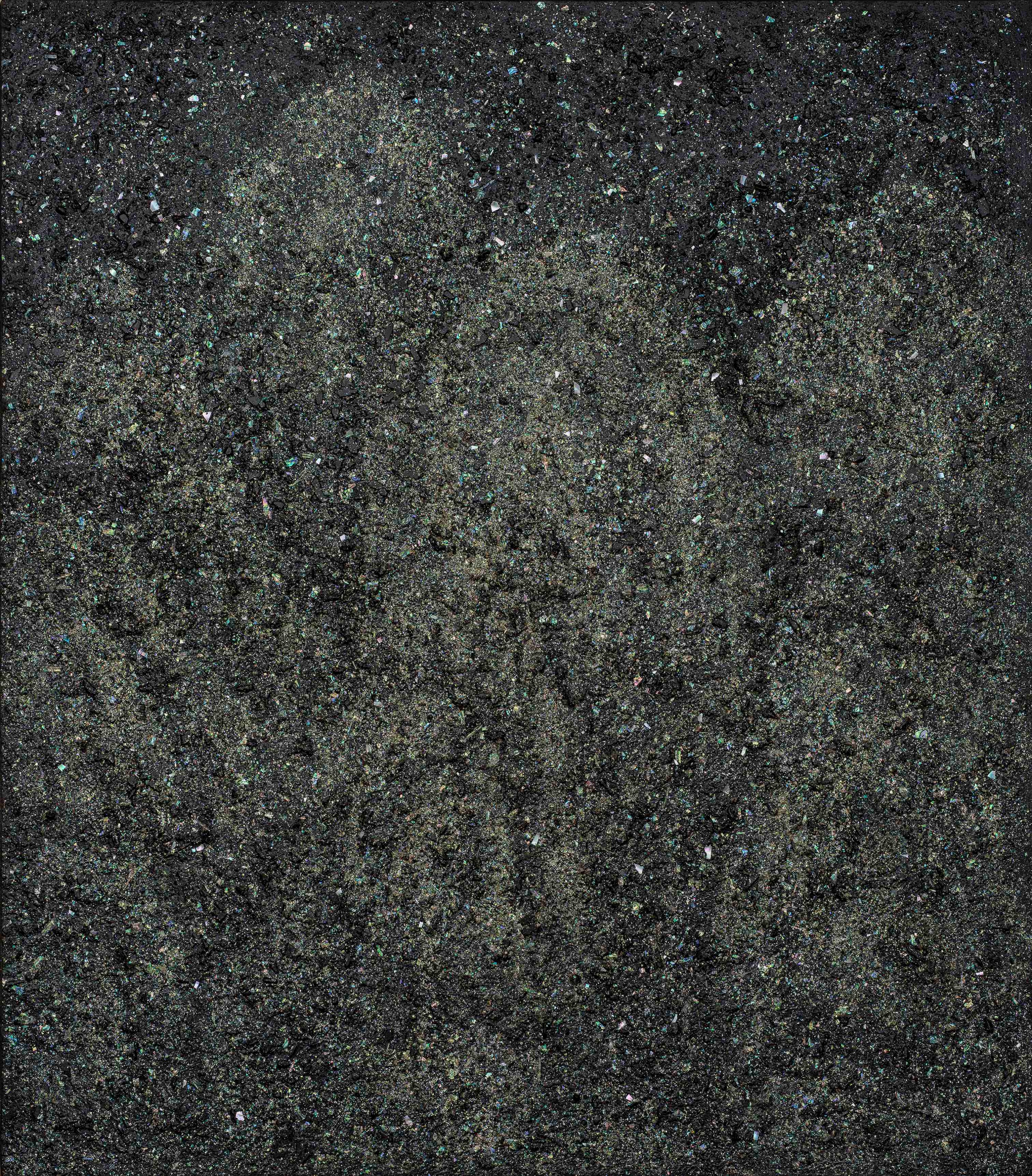 Kim Duck-Yong, Light_Auspicious Landscape, 2023, Wood ash, mother of pearl on wood, 160 x 140 cm