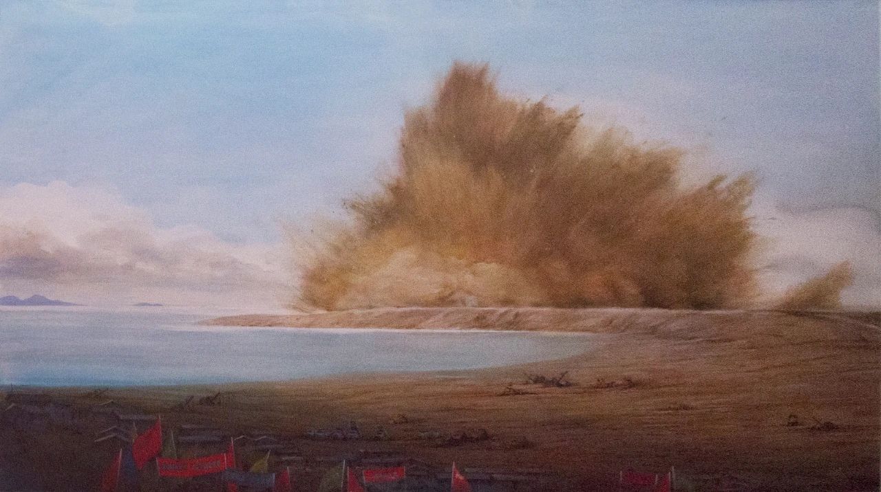 张小纲《1979年蛇口开山第一炮》水彩 2019年