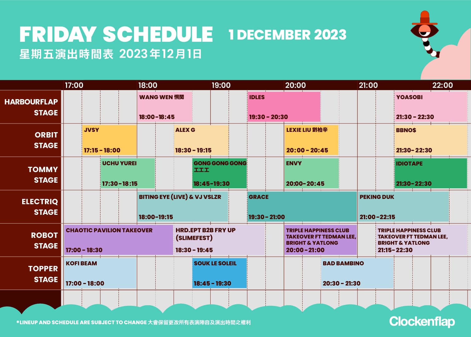 Clockenflap December 2023 - Day1 演出時間表