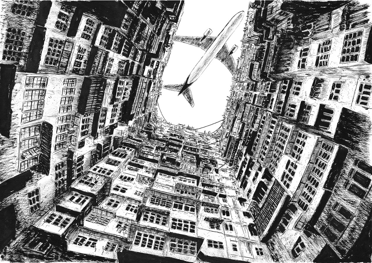 Pen SO - Flying over the City_Kowloon Walled City 2017 H29.7 x W42 cm large