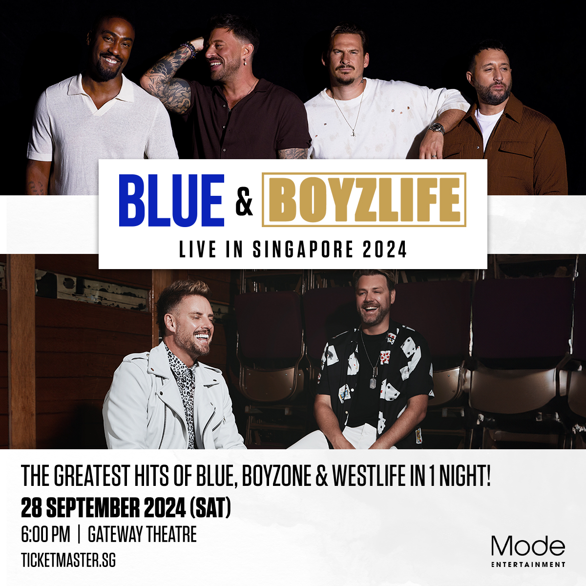 Blue & Boyzlife Live in Singapore 2024 will perform all the incredible hits of Blue, Westlife and Boyzone back to back, celebrating your favourite boyband hits of the 90s-00s