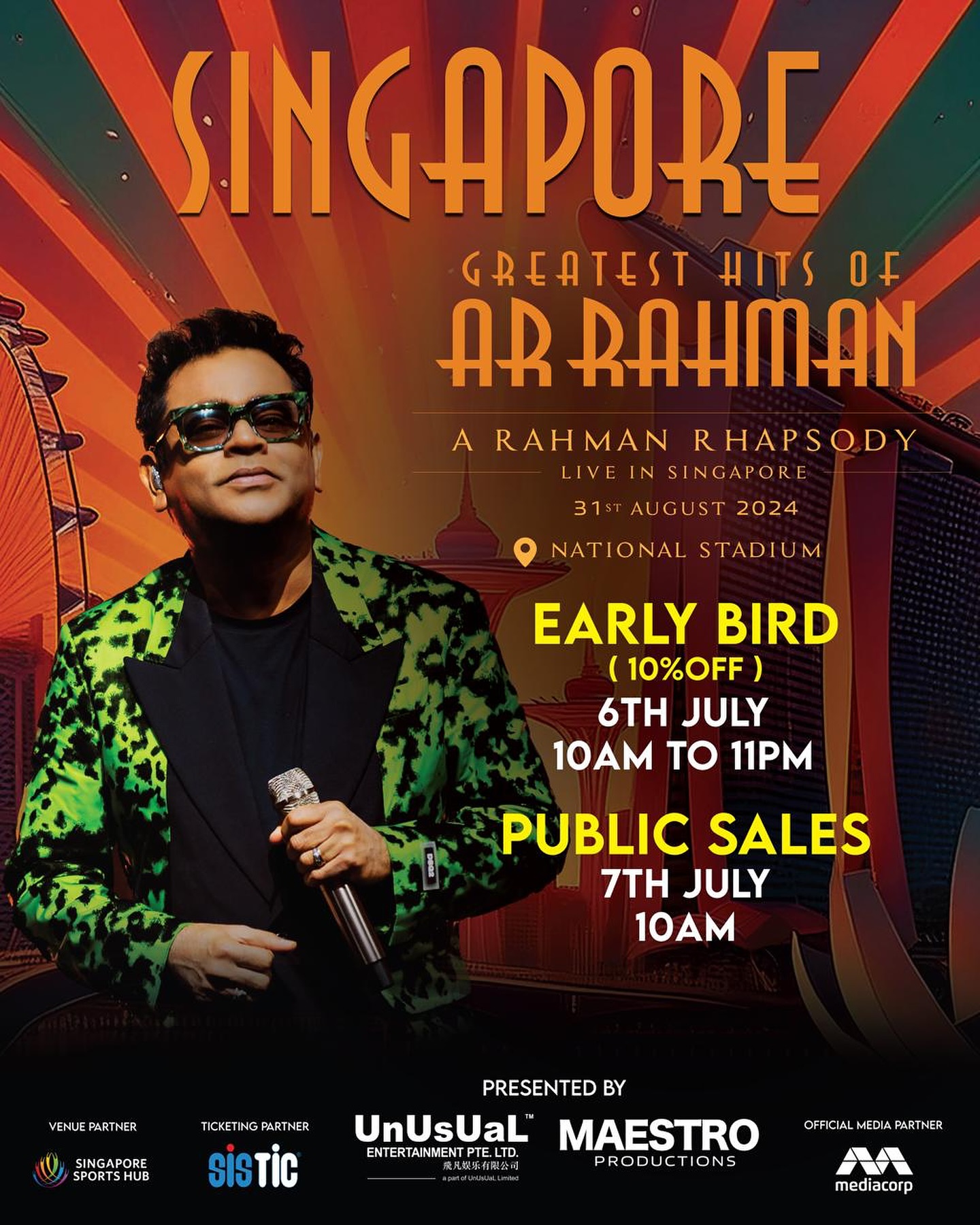 The biggest Indian concert in Singapore is coming! Get ready for “Greatest Hits of A R Rahman: A Rahman Rhapsody Live in Singapore” on 31st August at the National Stadium!