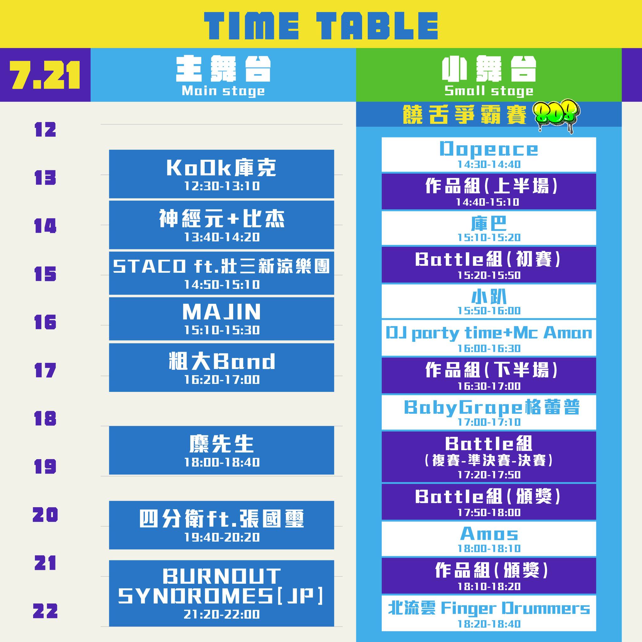 北流2024喔北搖音樂節演出時間表 - 7月21日