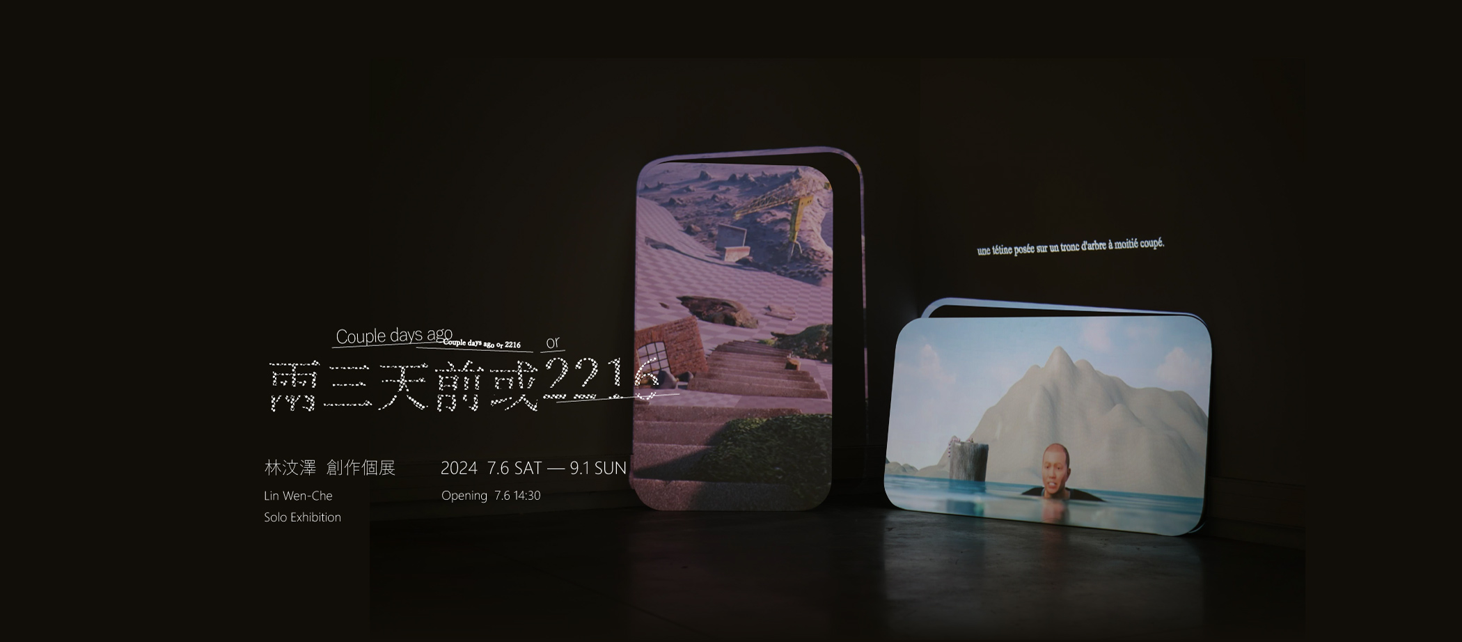 展覽「兩三天前或2216 」以影像裝置為主，由3D角色將作者於網絡和現實之間所接收的情緒、故事集結散落於展場空間