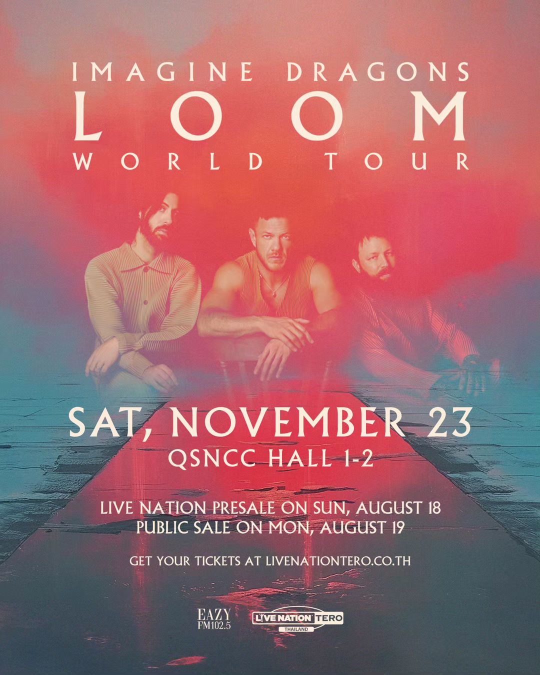 Live Nation 隆重宣布宣布国际摇滚天团Imagine Dragons 将于今年11月至12月进行Loom World Tour亚洲巡回场次，曼谷站将于11月23日在诗丽吉王后国家会议中心（Queen Sirikit National Convention Center）开唱