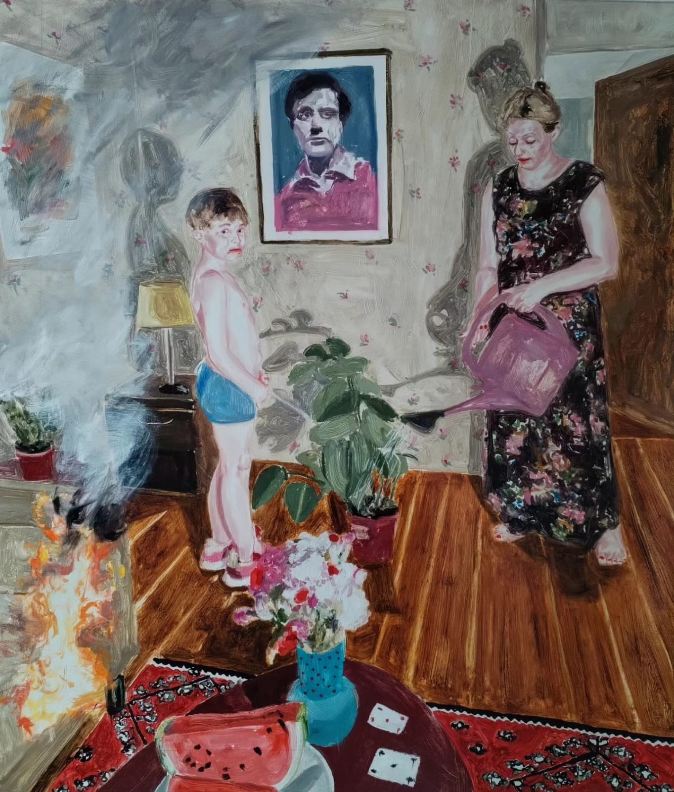 MIRZA CIZMIC Stolen memories - One boy, one mother, and painting of the artist, 2024 Oil on canvas 85 x 74 cm