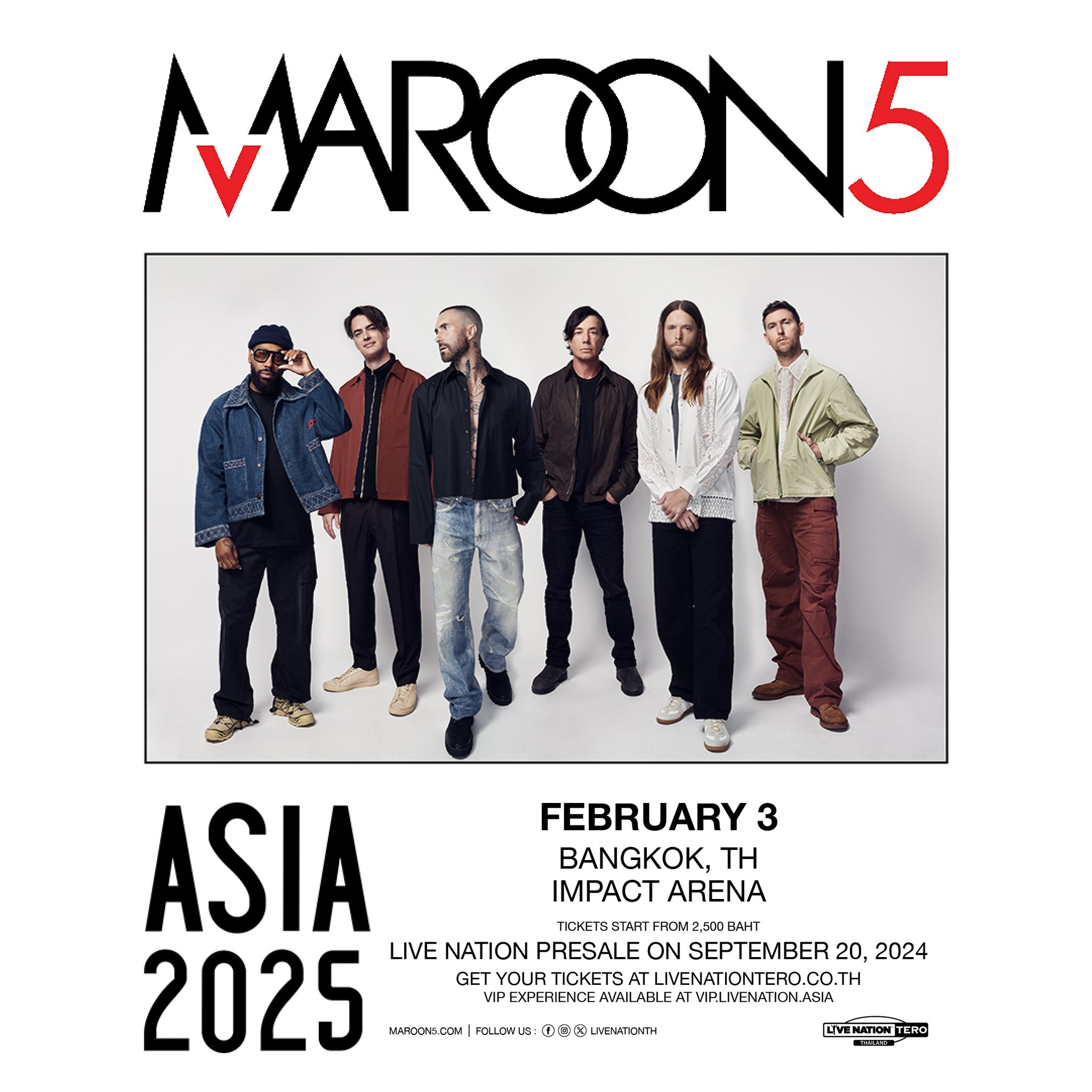 格莱美奖（Grammy Awards）得奖摇滚天团Maroon 5宣布2025年将展开全新亚洲巡回演唱会，“Maroon 5 Asia 2025 - Bangkok”曼谷站将于2024年2月3日在位于曼谷市中心的Impact Arena举办