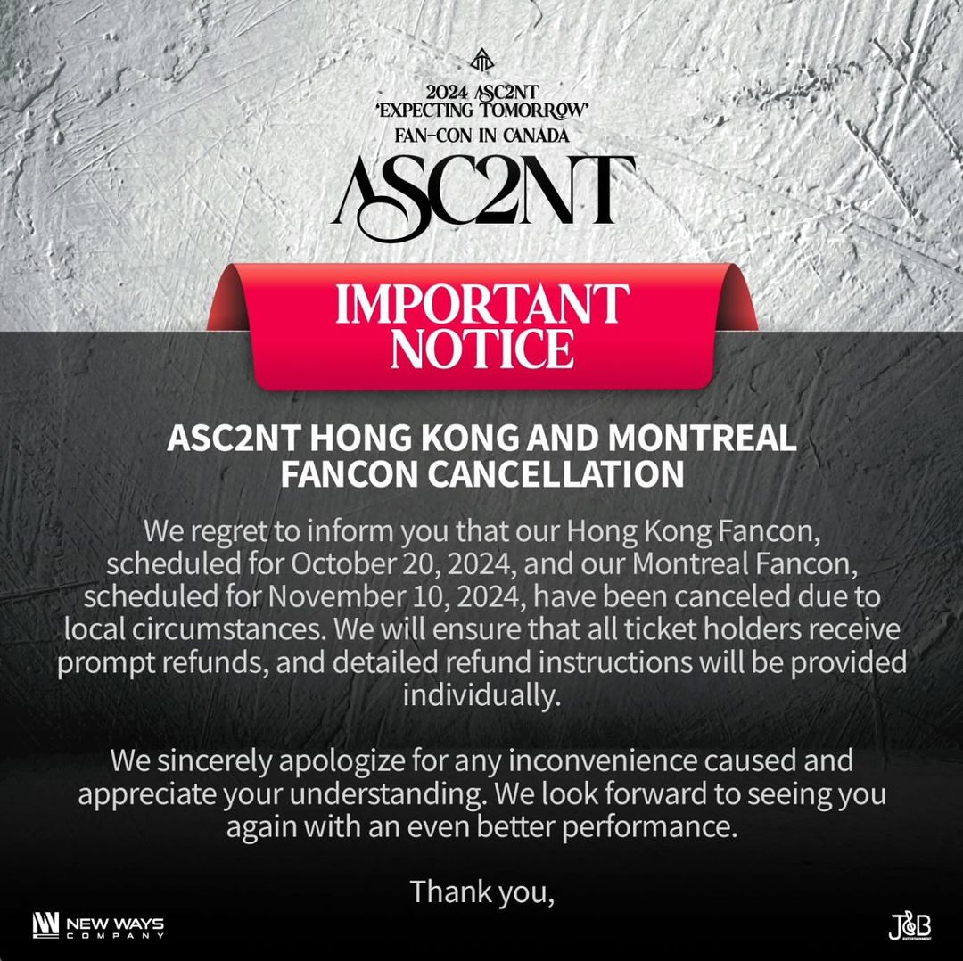 《2024 ASC2NT [EXPECTING TOMORROW] FAN-CON in HONG KONG》取消公告
