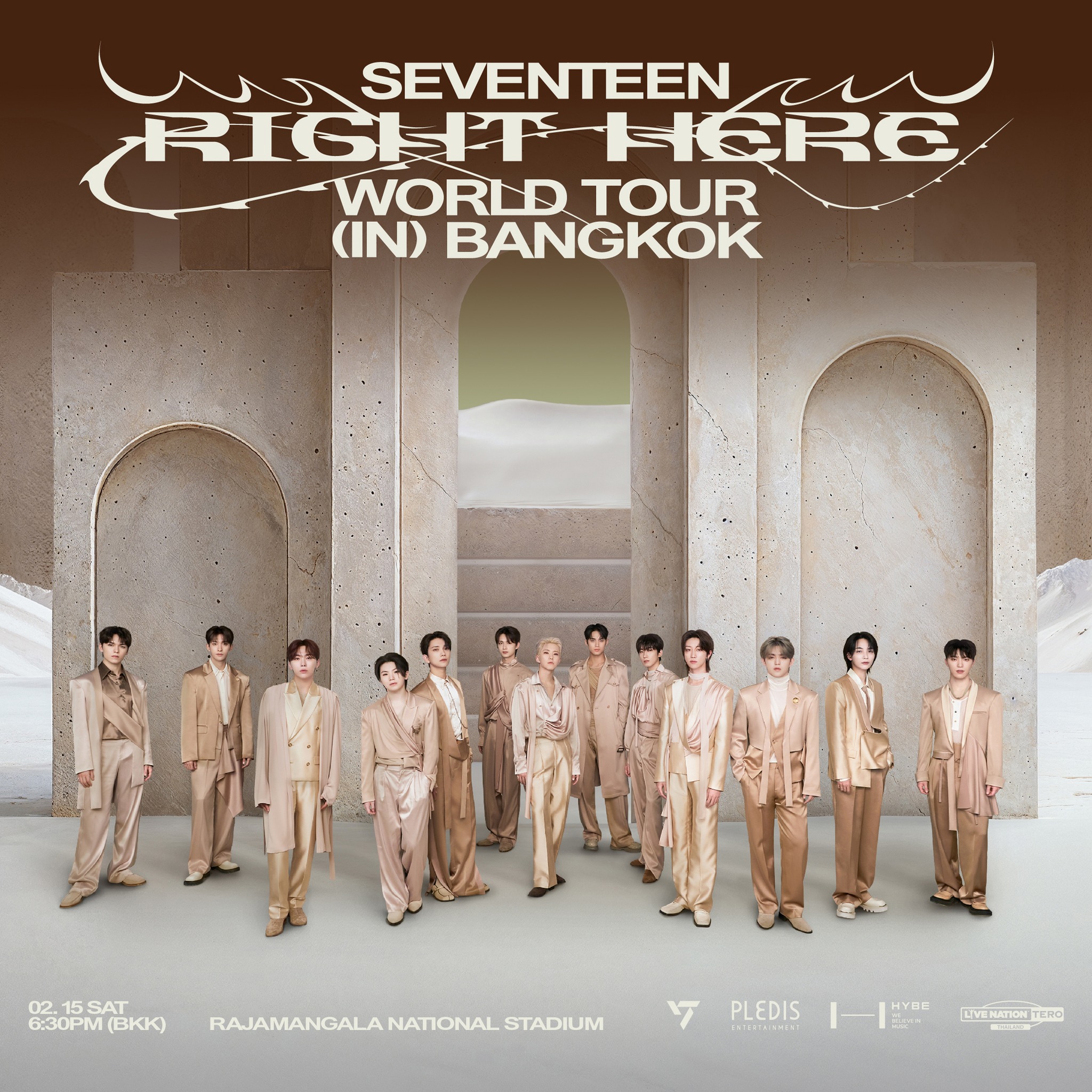 超人气男团SEVENTEEN的最新巡回演唱会 SEVENTEEN [RIGHT HERE] WORLD TOUR 终于宣布亚洲巡回场次日期，曼谷站将于2025年2月15日在曼谷拉加曼加拉体育场举行