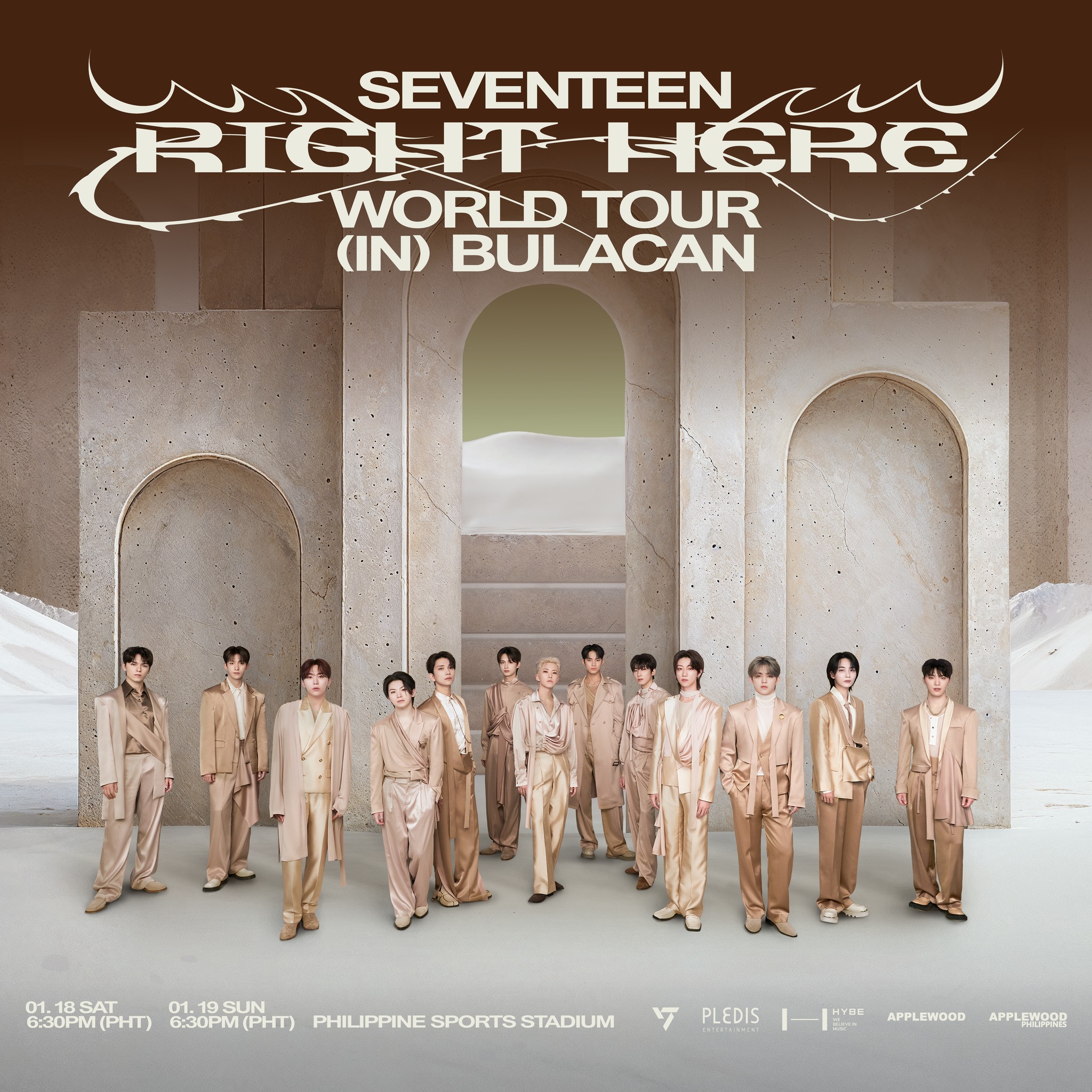 超人气男团SEVENTEEN的最新巡回演唱会 SEVENTEEN [RIGHT HERE] WORLD TOUR 终于宣布亚洲巡回场次日期，菲律宾站将于2025年1月18-19日在布拉干的菲律宾体育场（Philippine Sports Stadium）举行