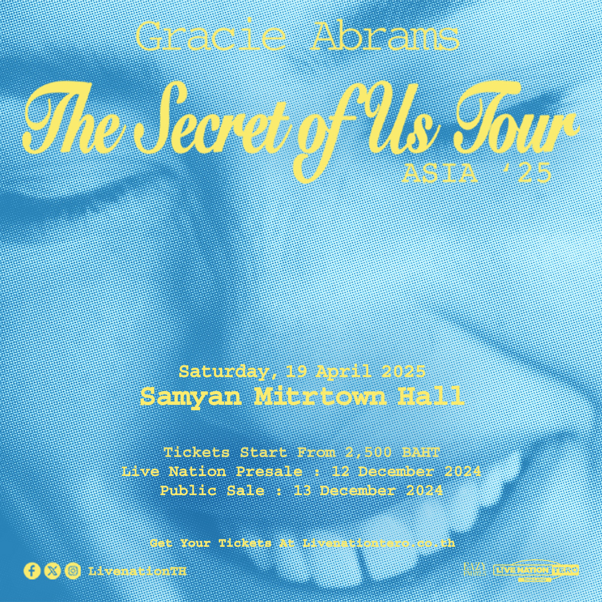 Gracie Abrams: The Secret of Us Tour泰国曼谷站将于2025年4月19日在Samyan Mitrtown Hall开唱