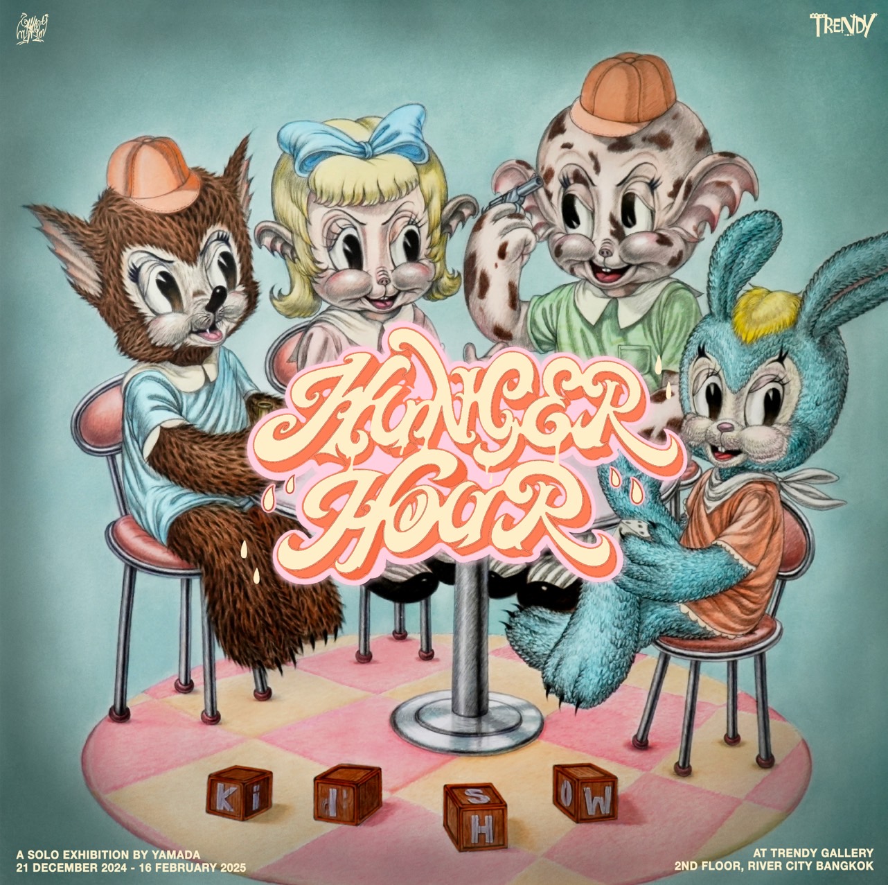 Trendy Gallery is excited to roll out “HUNGER HOUR”, the third solo exhibition by YAMADA from 21 December 2024 to 16 February 2025 at River City Bangkok