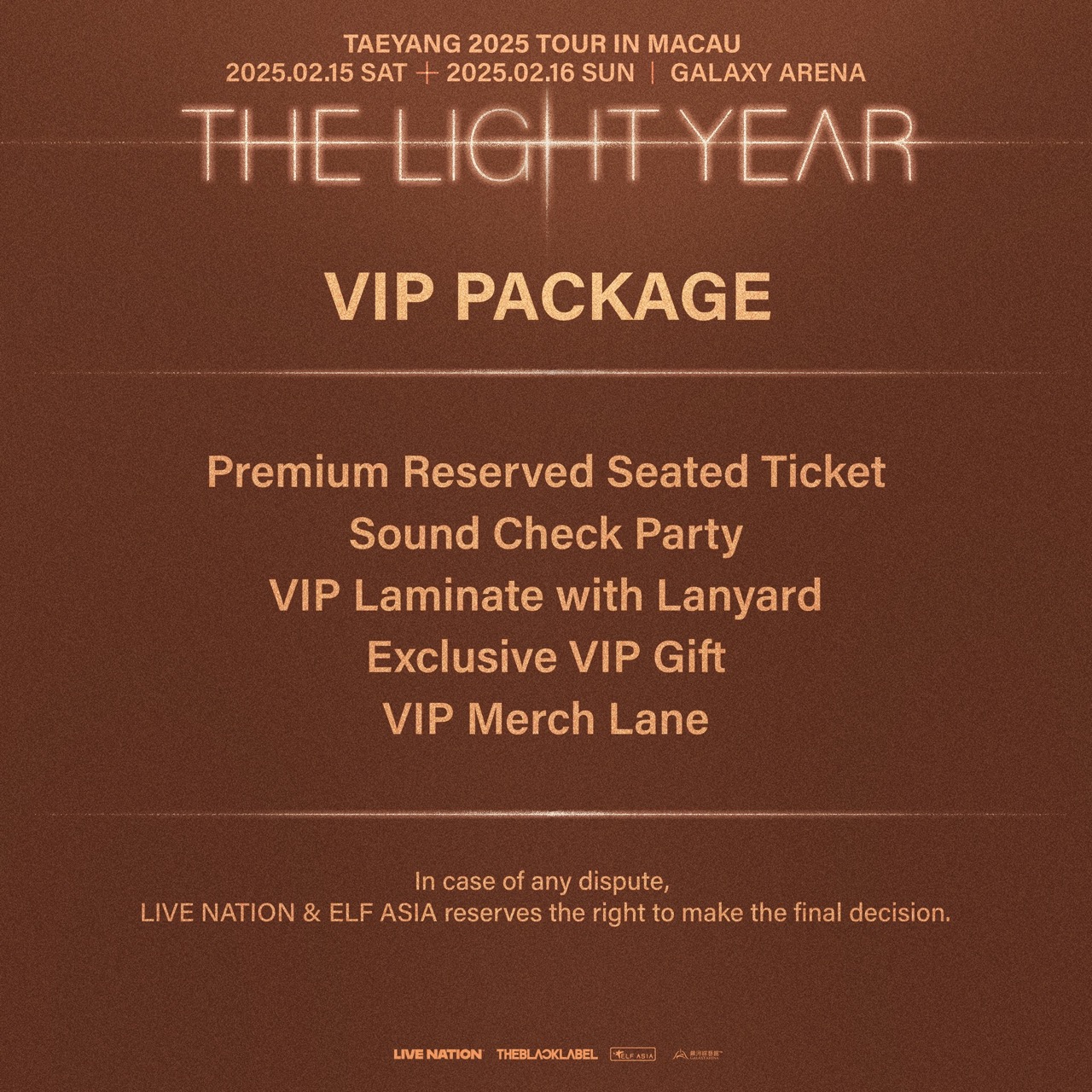 TAEYANG 2025 TOUR [THE LIGHT YEAR] IN MACAU 太陽澳門演唱會2025 VIP套票詳情