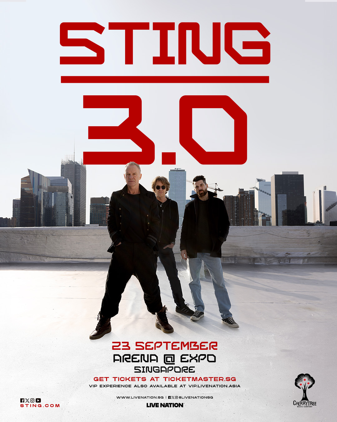 17-time Grammy Award-winning artist STING announced his “STING 3.0” World Tour, presented by Cherrytree Music Company and Live Nation, will arrive in Singapore on Tuesday, September 23, at Arena of Singapore EXPO.