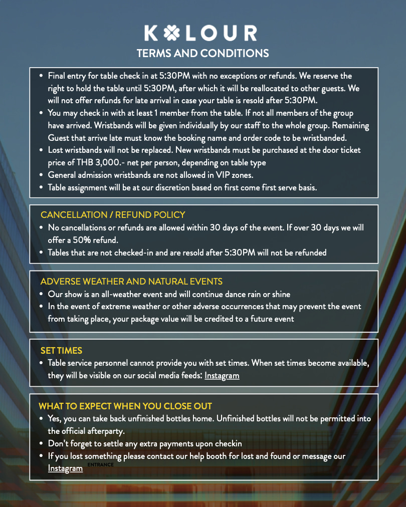 VIP TABLES KOLOUR - T&c