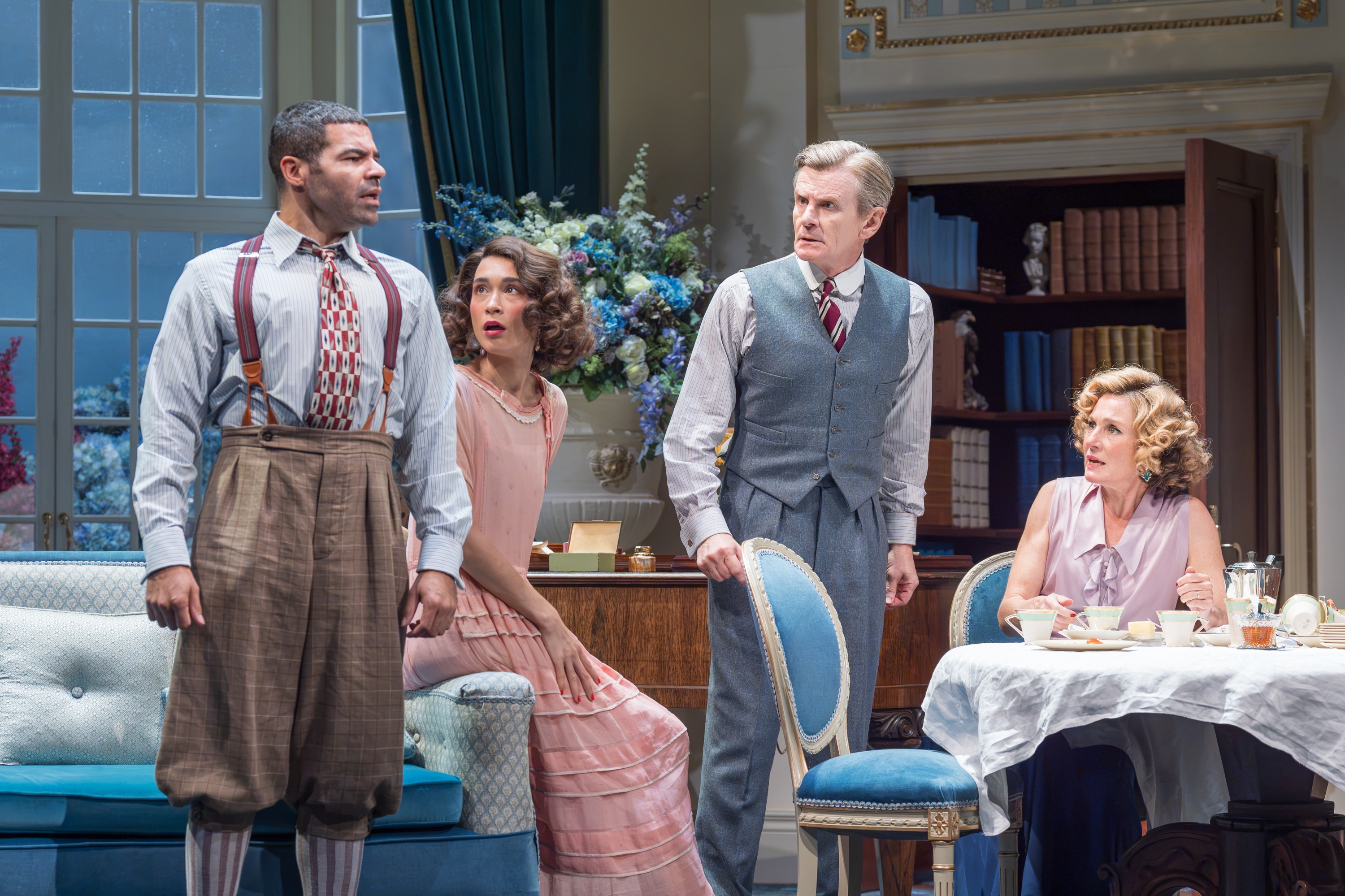 HAY FEVER. Ash Hunter (Sandy Tyrell), Lucy Karczewski (Jackie Coryton), Charles Edwards (Richard Greatham) and Nancy Carroll (Myra Arundel). Photo Marc Brenner