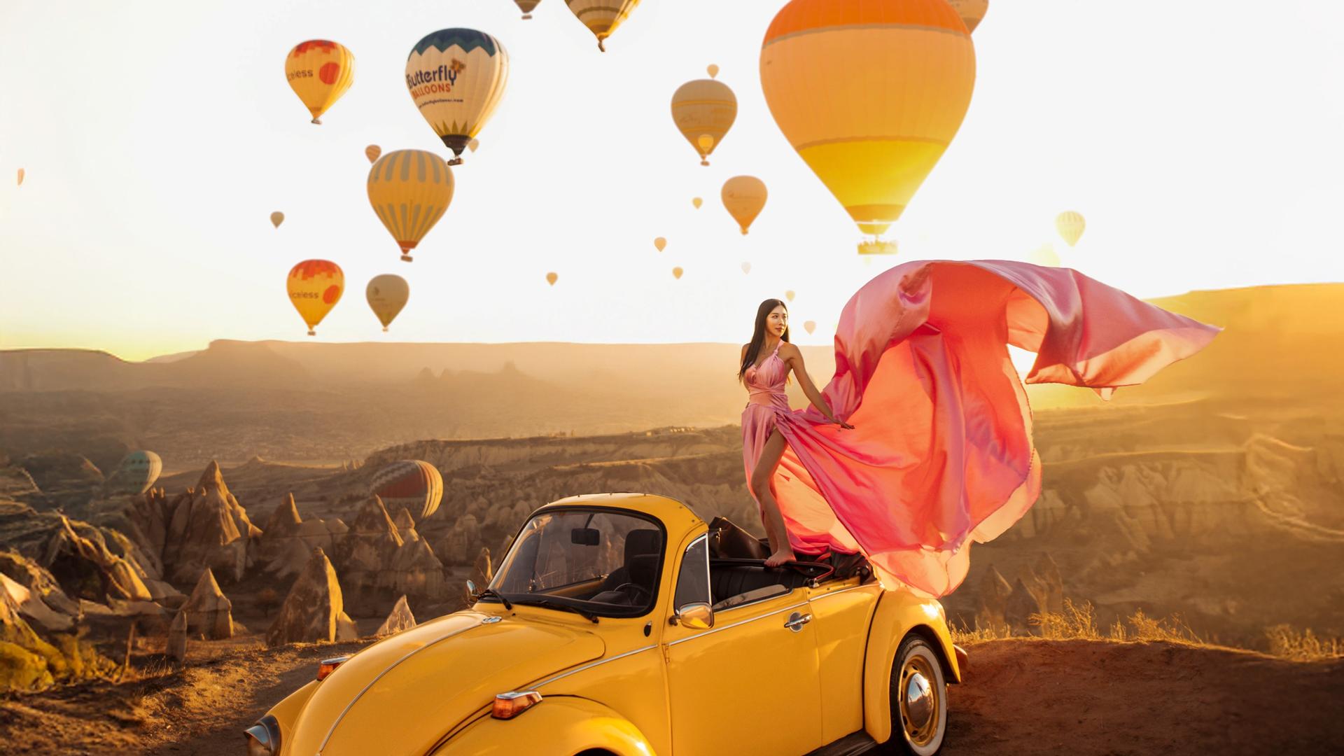 Professional shoot with classic car & flying dress in Cappadocia - Thumbnail 2
