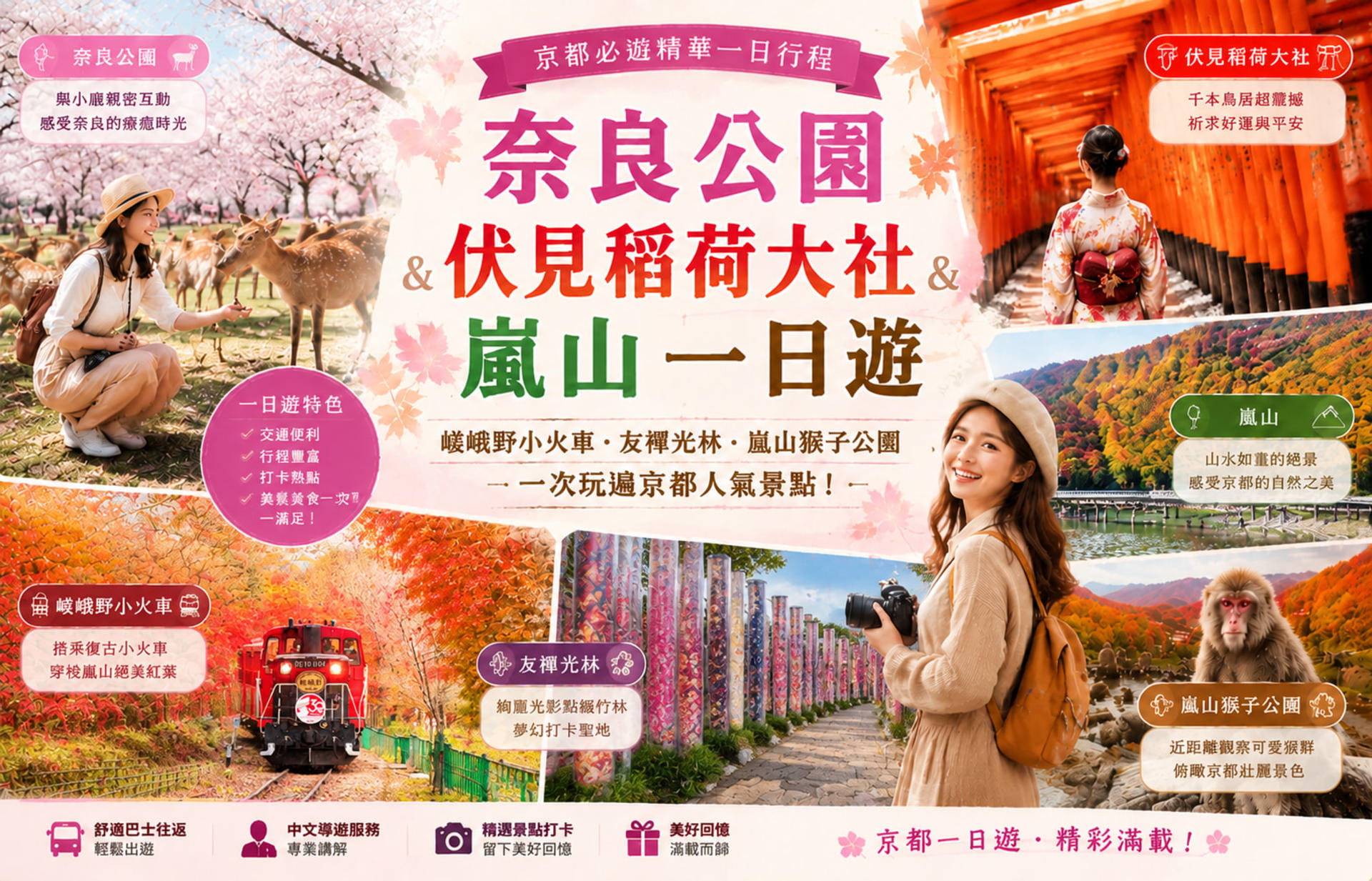 Kyoto, Arashiyama, Nara: Sagano Scenic Railway, Bamboo Forest Path, Yuzen Forest of Light, Nara Park, Fushimi Inari Shrine, Chiikawa Store Visit Day Trip | Departure from Osaka - Thumbnail 2