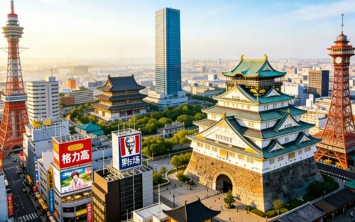 Osaka Klassische Sehenswürdigkeiten + Nachttour: Tsutenkaku & Shitennoji-Tempel & Osaka Castle & Umeda Nachtansicht (inkl. Hoteltransfer)