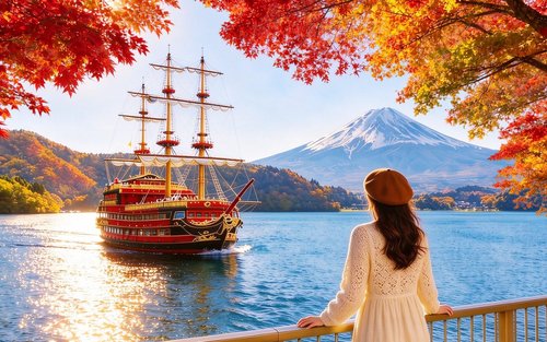 Fudži a Hakone - jednodenní výlet k plovoucí bráně Tori na jezeře Aši, svatyni Hakone, pirátské lodi Hakone, lanovce Hakone, údolí Owakudani, jezeru Yamanaka a Oshino Hakkai. Panoramatická prohlídka po zemi, moři a vzduchu. Odjezd z Tokia.