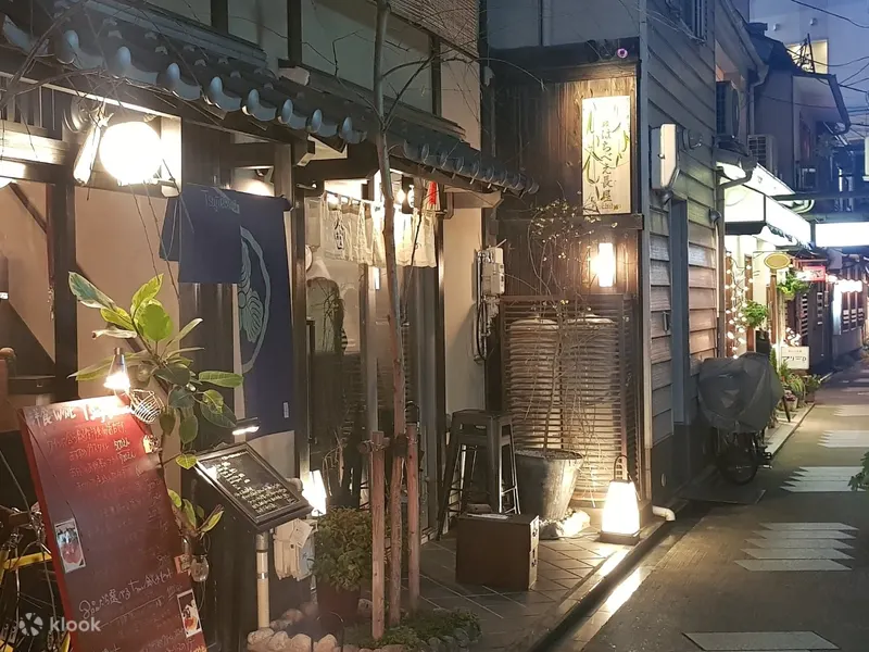 A lantern-lit alley of small restaurants in old Kyoto at night