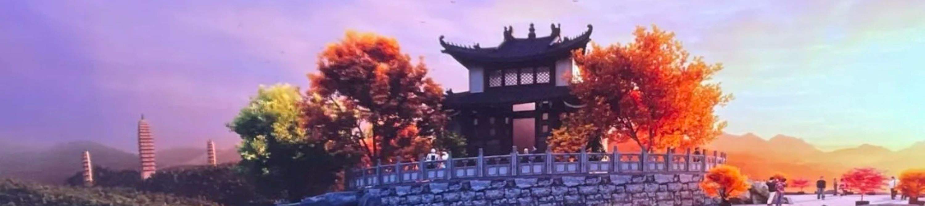 Chinesische Pavillons stehen am Seeufer, und die von der Abendröte geröteten Bäume spiegeln sich in der alten Pagode in den fernen Bergen wider.