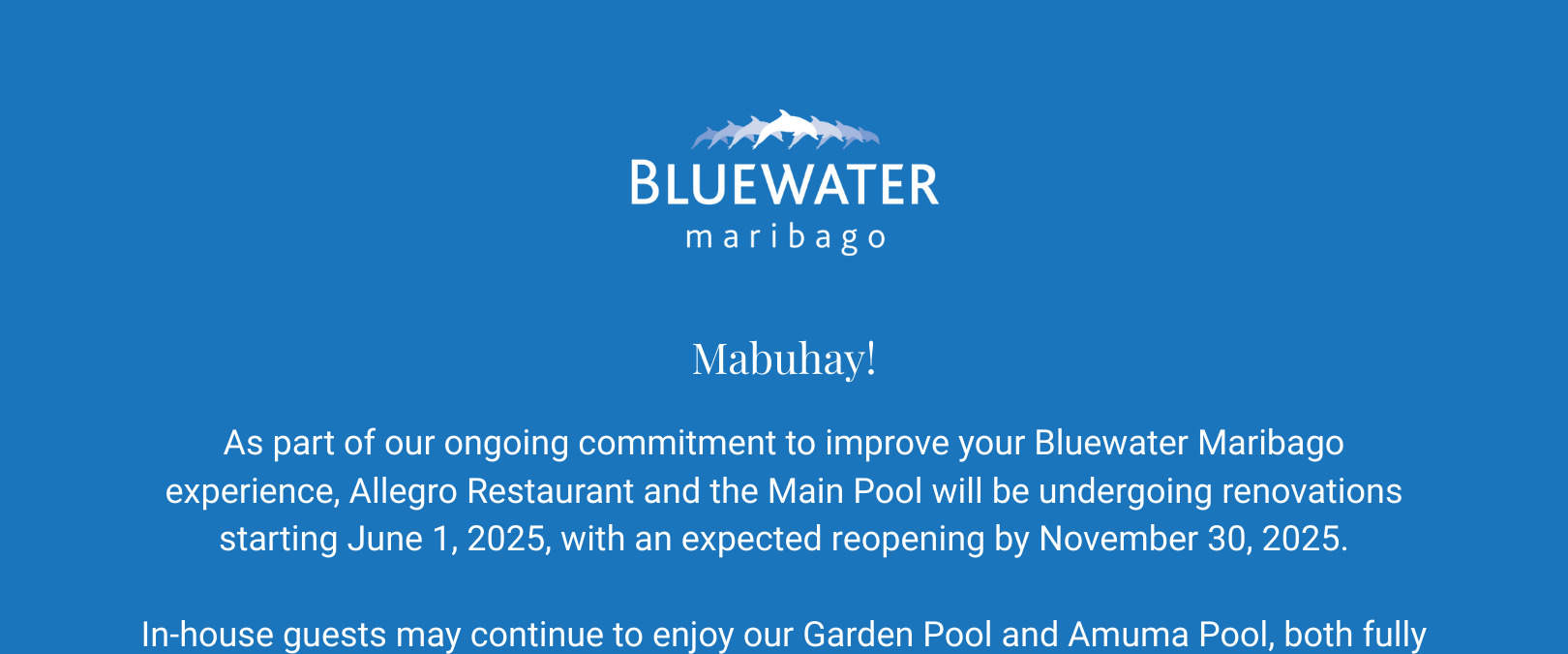 Allegro餐厅及主泳池翻新公告