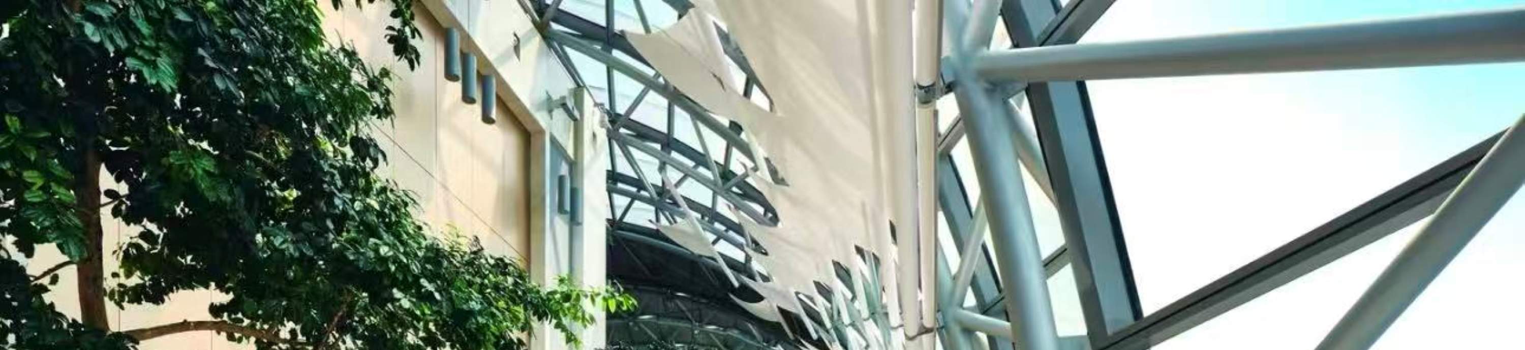 El amplio uso de cristal crea un espacio diáfano con vistas panorámicas de la ciudad y las montañas. La vegetación que lo adorna crea un ambiente natural, confortable y elegante, ideal para relajarse, descansar y disfrutar del paisaje urbano.