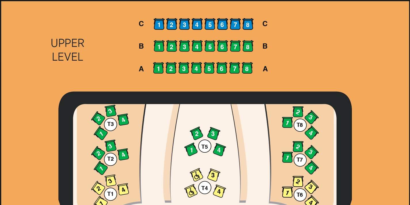 在座位图上找到最适合您的座位，享受难忘的 Atomic Saloon 体验