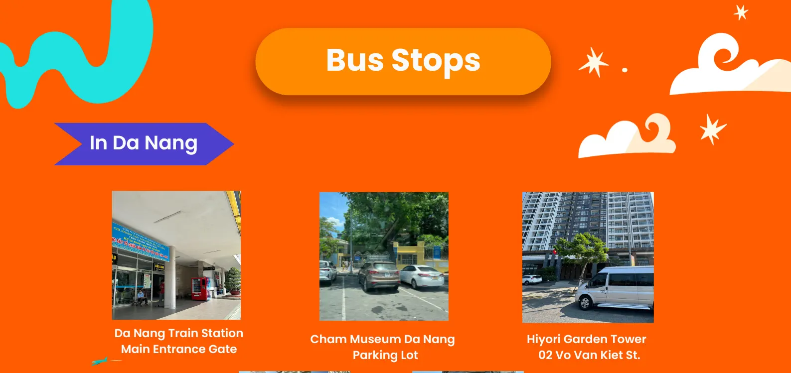 Bus Stop in Da Nang City, Hoi An City Center and Hoi An Beach Area. Please choose your stop at check out page