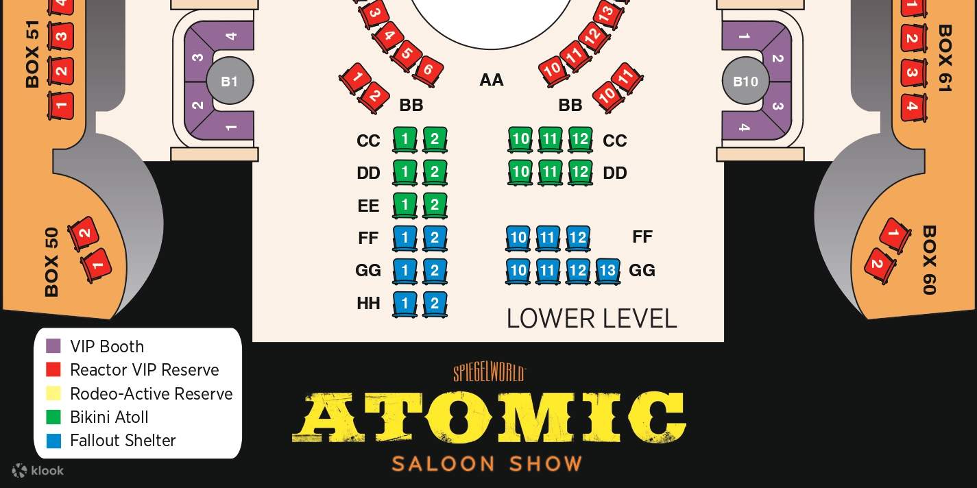 ค้นหาที่นั่งที่สมบูรณ์แบบของคุณบนแผนที่ที่นั่งเพื่อสัมผัสประสบการณ์ Atomic Saloon ที่น่าประทับใจไม่รู้ลืม