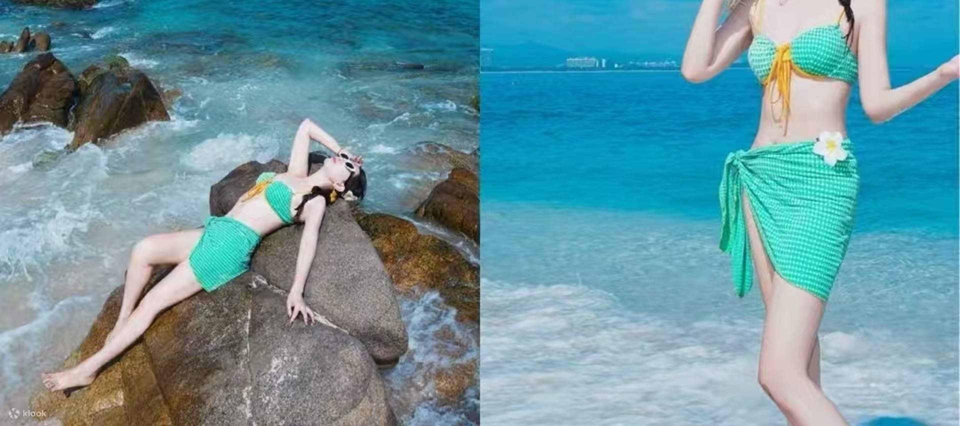 Легкое голубое платье на бретельках словно сливается с морем и небом.