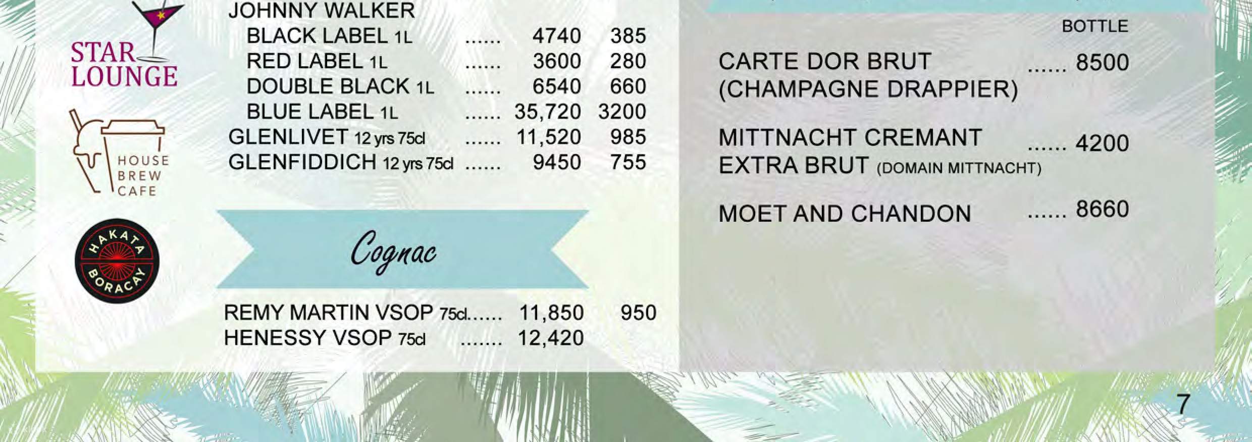 Star Lounge Alcoholic Drink Menu