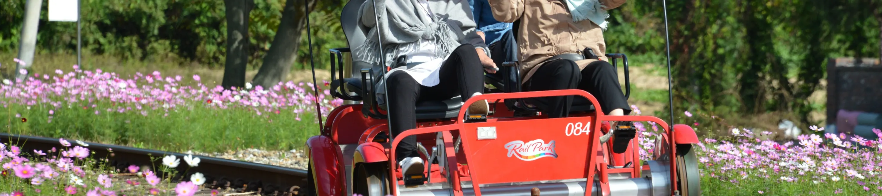 women riding a rail bike smiling
