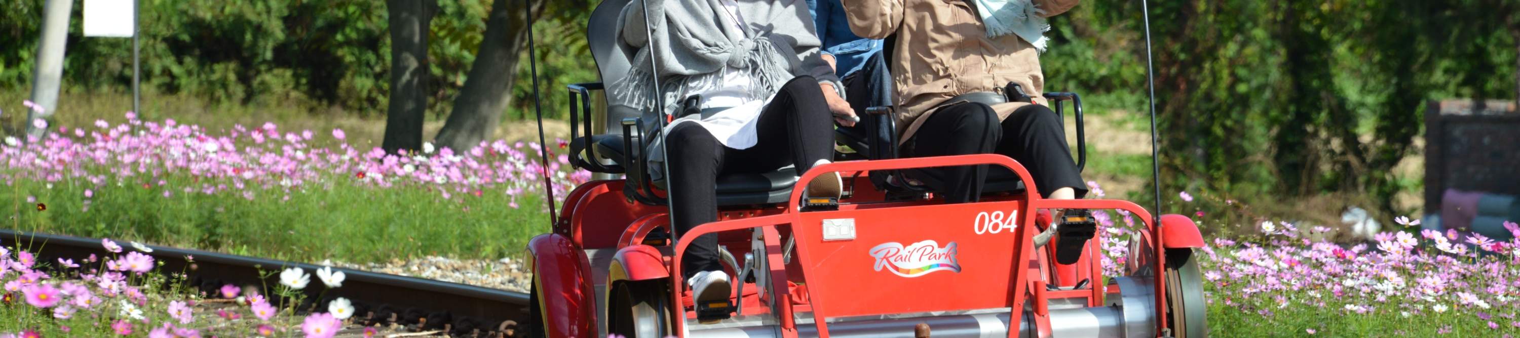 女士们骑著铁路自行车，笑容满面