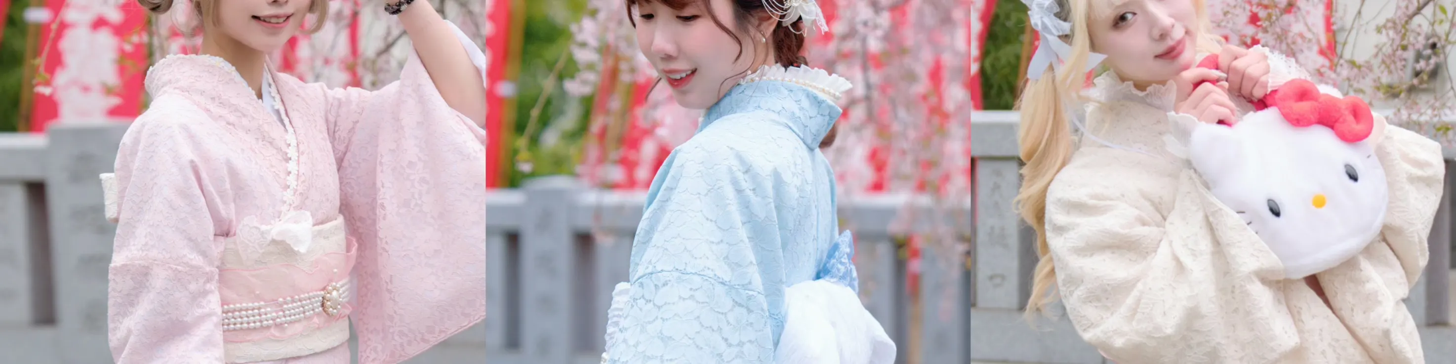 由左→右依次为粉色，蓝色，红白色※①和服是角色的同色系和服，和照片图示不保证一致。②手包是模特私人用品，您可以自带喜欢周边。③发饰为升级精美发型）
