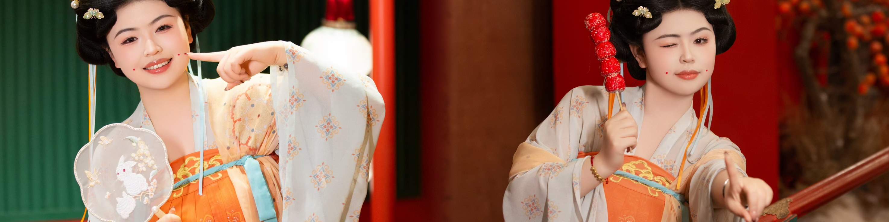 Профессиональные стилисты умелыми руками воссоздают макияж процветающей династии Тан, с нежными бровями и светло-алыми губами, воссоздавая грациозное изящество древних леди.