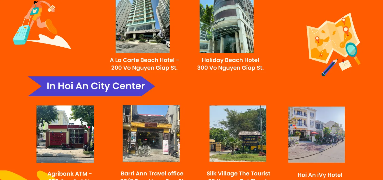 Bus Stop in Da Nang City, Hoi An City Center and Hoi An Beach Area. Please choose your stop at check out page