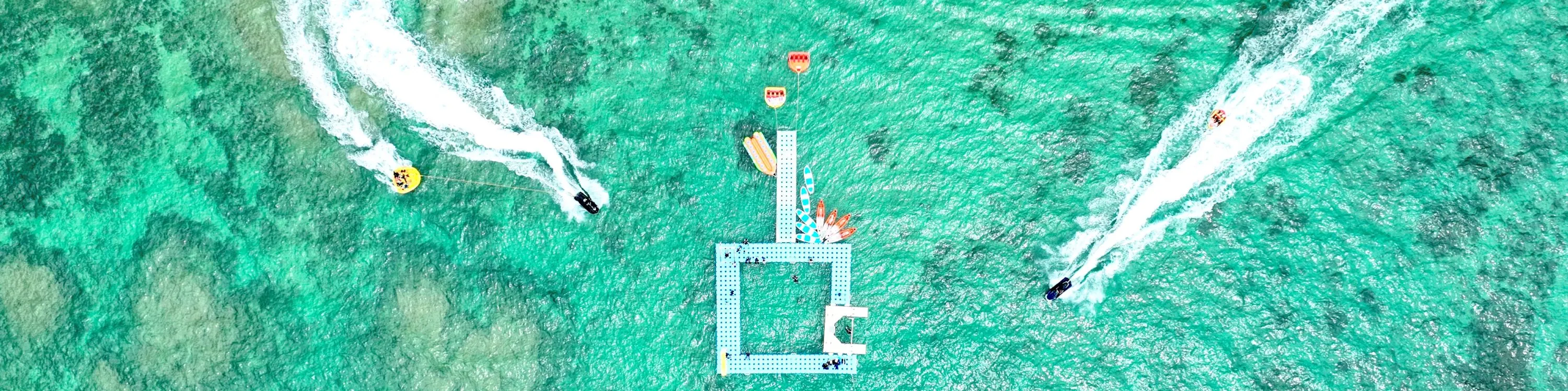冲绳｜新原海滩海上乐园畅玩3小时｜海上乐园+玻璃船+3项水上活动+浮潜+SUP+独木舟+钓鱼｜含午餐・3岁可参加