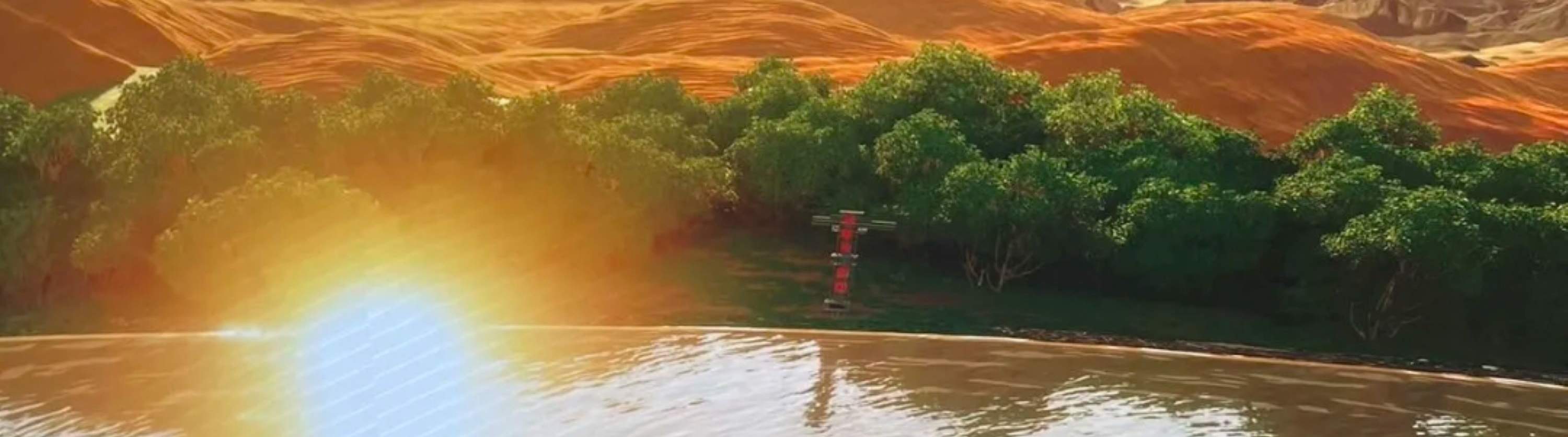 The screen displays a landscape with mountains and lakes, and the audience is taking pictures, creating a lifelike and vivid atmosphere.