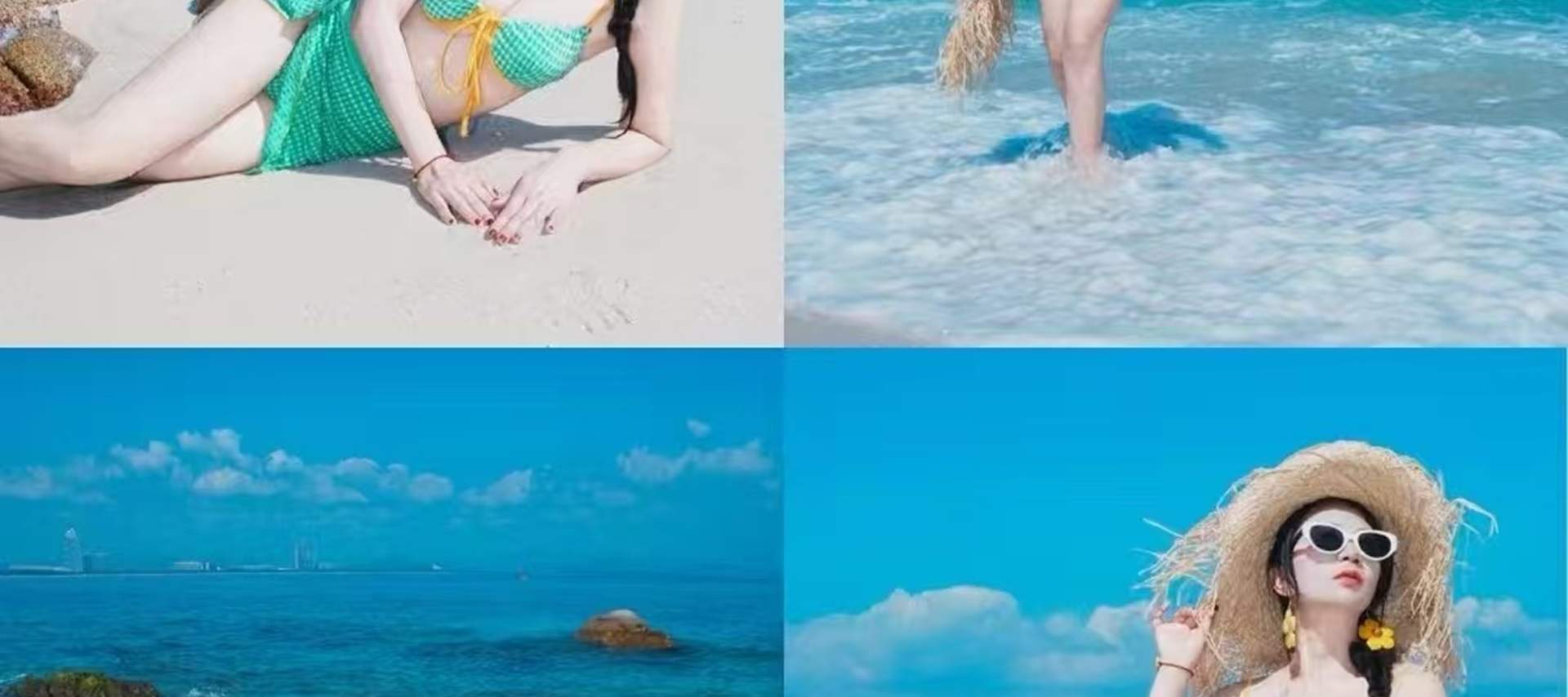 Легкое голубое платье на бретельках словно сливается с морем и небом.