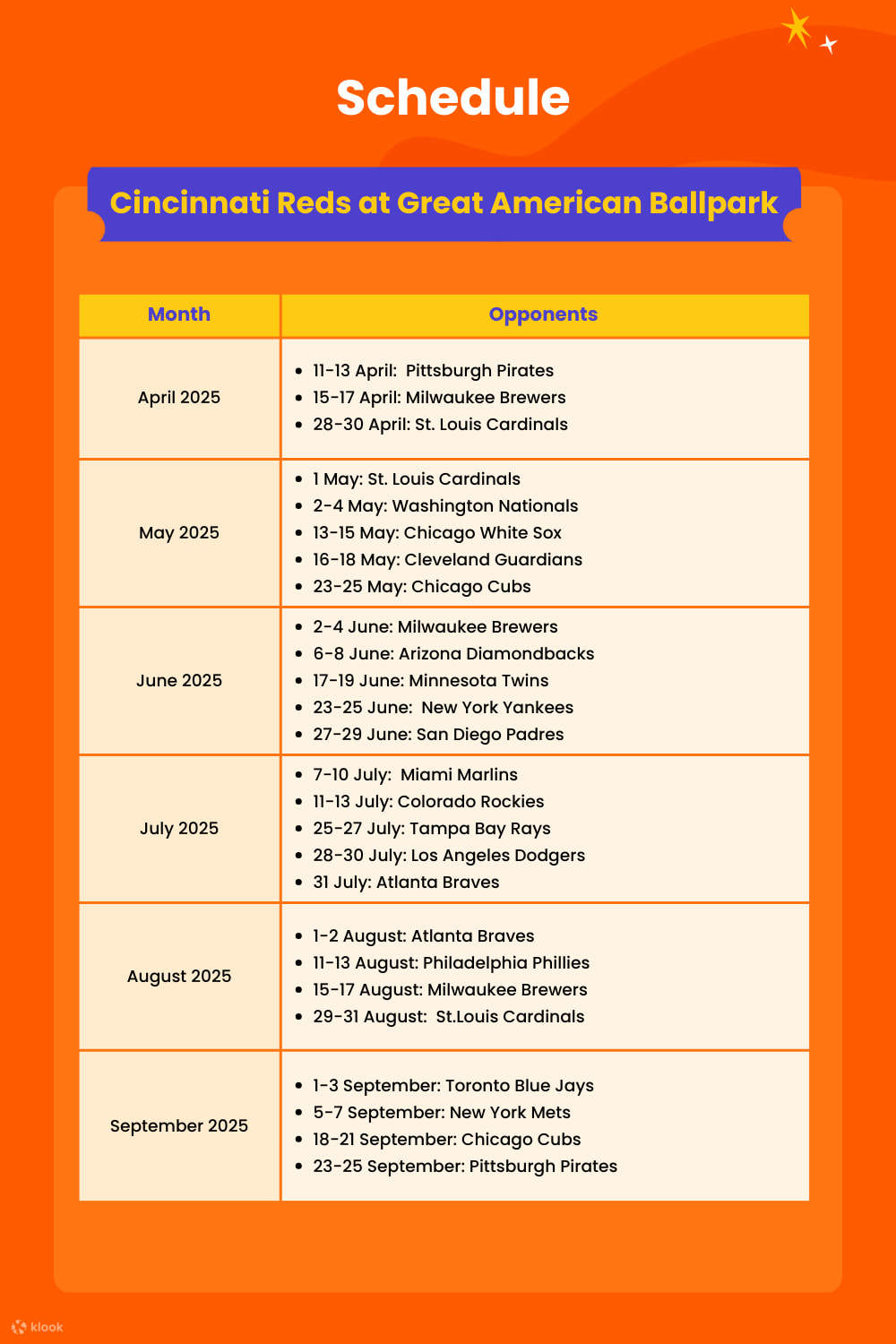 Consulta el calendario de partidos de los Cincinnati Reds y planifica tu visita al Great American Ballpark.