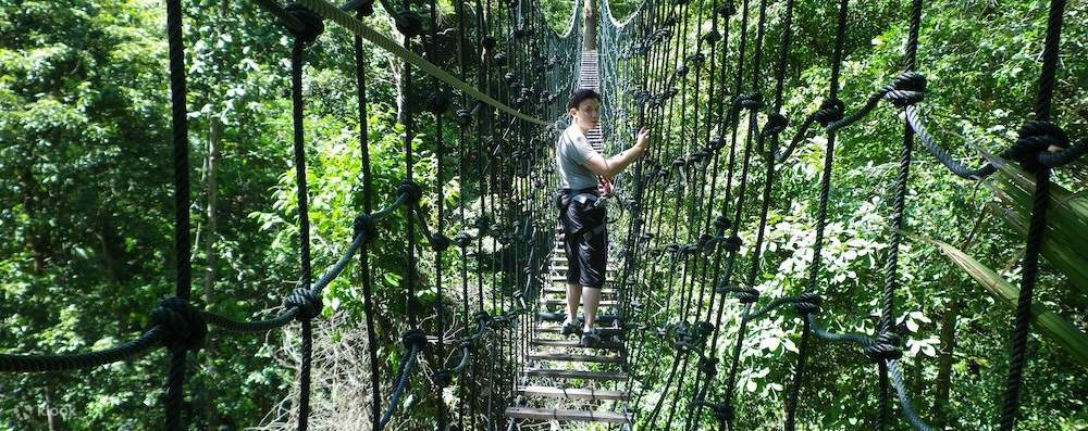 người đàn ông băng qua cầu treo