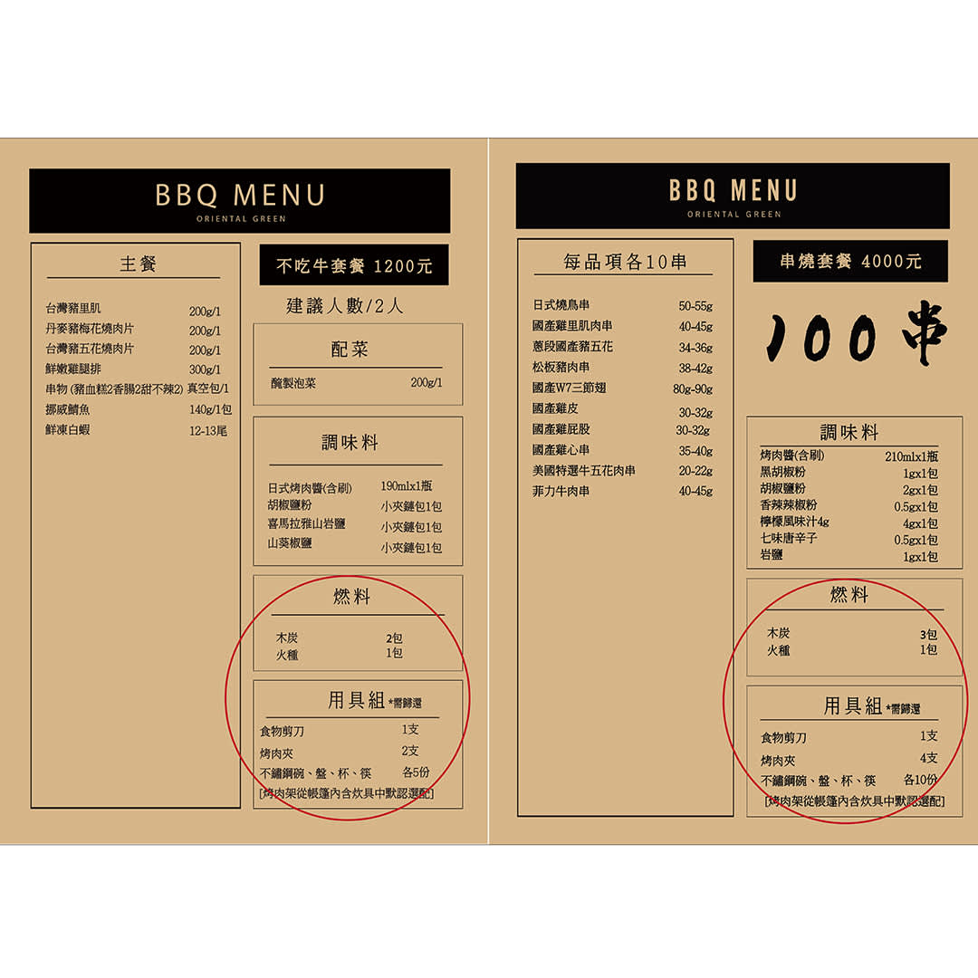 Menu BBQ sans bœuf, Menu 100 brochettes